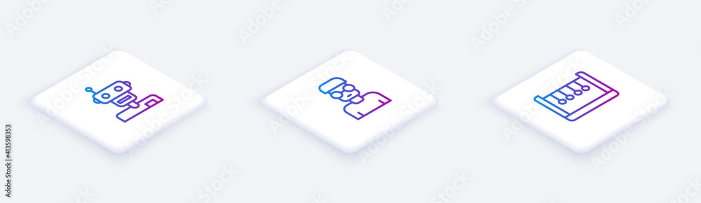 Poster set isometric line robot, nerd geek and pendulum. white square button. vector.