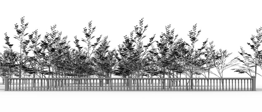 Maqueta 3D de una barandilla con balaustrada. Pasamanos exterior. Valla de un parque con &aacute;rboles. Paisaje en blanco