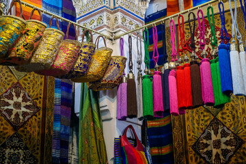 Artisinal goods on display for sale in the souks of Fez Morocco