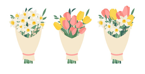 Bouquet collection set with spring flowers tulips and daffodils isolated on white background. Vector Illustration EPS10