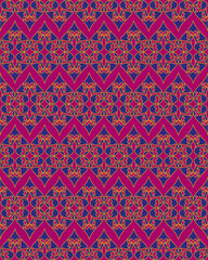 Seamless arabian vector decorative pattern, damask ornate boho style vintage ornaments in deep blue, magenta and gold colors. Repeatabe background.