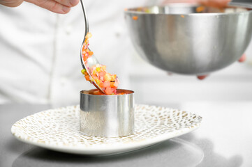 A chef prepares delicious vegetables tartare and finishes the preparation with a touch of class. Concept of: chef, kitchen, restaurant, food. High quality photo