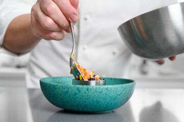 A chef prepares delicious vegetables tartare and finishes the preparation with a touch of class. Concept of: chef, kitchen, restaurant, food. High quality photo