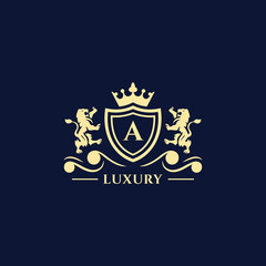 A Letter Gold luxury vintage monogram floral decorative logo with crown design template Premium Vector