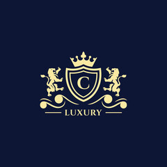 C Letter Gold luxury vintage monogram floral decorative logo with crown design template Premium Vector