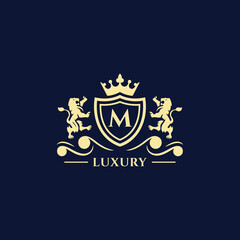 M Letter Gold luxury vintage monogram floral decorative logo with crown design template Premium Vector. Logotype for uses in different spheres. Fashion, royalty, boutique.