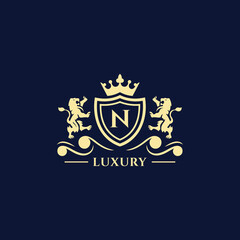 N Letter Gold luxury vintage monogram floral decorative logo with crown design template Premium Vector. Logotype for uses in different spheres. Fashion, royalty, boutique.