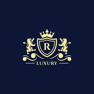 R Letter Gold luxury vintage monogram floral decorative logo with crown design template Premium Vector. Logotype for uses in different spheres. Fashion, royalty, boutique.