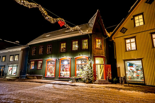 Norway,  Tromso, colourful wooden houses in the historical center in December at 3pm