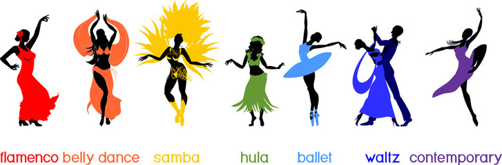 Various style dancing. Set with silhouettes of dancers of ballet, flamenco, oriental dance, hula, samba, waltz and contemporary isolated on white background