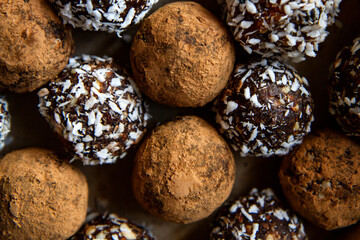 Healthy Energy Balls, Raw Vegan Balls with nuts, Cranberry, Dates and cocoa. Vegan dessert top view