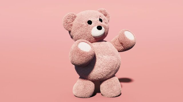 Teddy bear dancing on a pink screen. Toy bear seamless loop. Animation for Valentines day, birthday. Alpha channel.