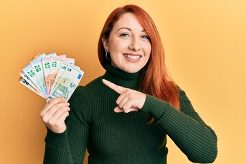 Beautiful redhead woman holding euro banknotes smiling happy pointing with hand and finger