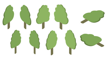 set of green trees vector isometric in three planes left right bottom