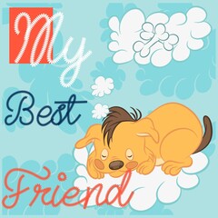 Illustration vector cute dog with clouds and text in background for kids