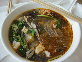 Duck blood and vermicelli soup close up. Chinese street food. Yaxue fensi tang.