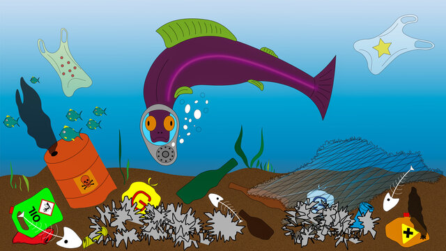 Fish with a gas mask in a heavily polluted ocean © Magnus