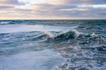 Frozen Baltic sea in the winter in storm 
