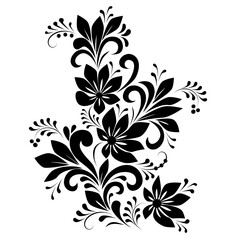 Floral decorative ornament in black on a white background. A pattern of flowers, leaves, curls. Silhouette of a decorative bouquet. Floral design element.