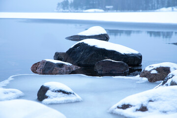 the big rock in blue lake, snow on the rock