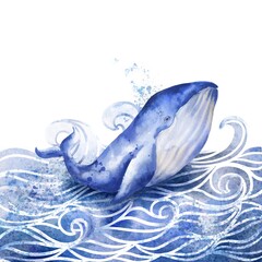 Whale in sea waves illustration. Watercolor wild life.