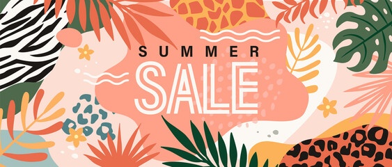 Summer Sale banner, invitation for shopping in hot season, with animal print.Discount poster, flyer, card with tropical leaves.Special offer for fashion retail, template for design.Vector illustration