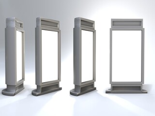 3D RENDER ILLUSTRATION. Advertising stand displays media movie screen blank board.  