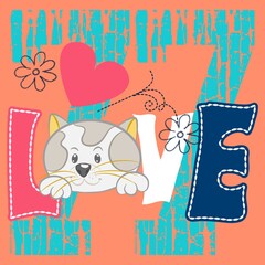 Illustration vector cute puppy with text LOVE and background for fashion design