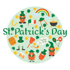 Elements for St. Patrick s Day. Set with leprechauns, horseshoe, clover, beer, barrel, beards, golden pot, rainbow. Cartoon illustration for pub invitation, t-shirt design, card, decor