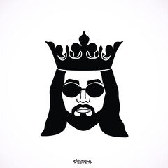 Bearded king wearing sunglasses, black flat style, icon vector, isolated on white background