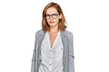 Young caucasian woman wearing business style and glasses depressed and worry for distress, crying angry and afraid. sad expression.