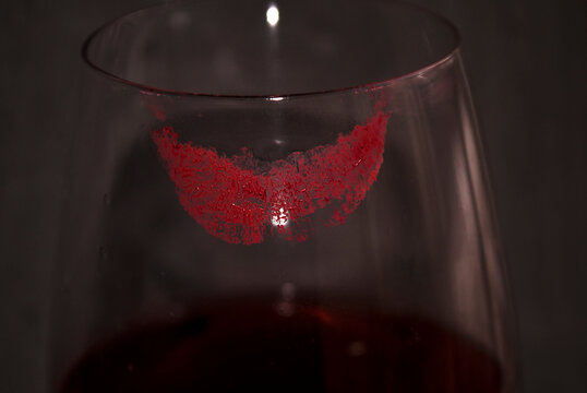 Lipstick On A Glass Of Wine. Lipstick Mark.