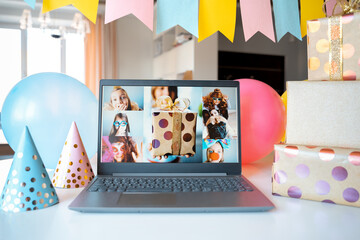 Kids virtual birthday,home party.Online conference,video call in laptop,computer.Friends,girls on...