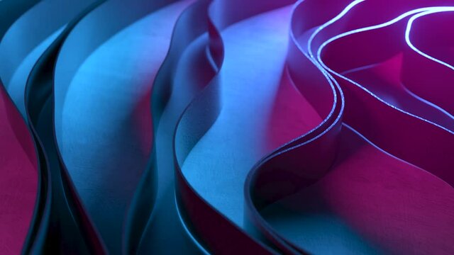 Dynamic animation of abstract stripes interacting with each other. Circular wave. Blue purple neon lighting. 3d animation
