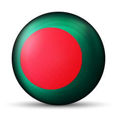 Glass light ball with flag of Bangladesh. Round sphere, template icon. National symbol. Glossy realistic ball, 3D abstract vector illustration highlighted on a white background. Big bubble.