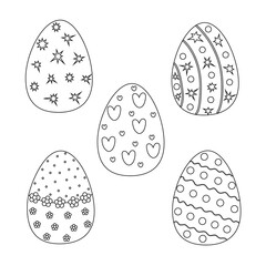 Easter holiday symbol outline decorated eggs set in simple doodle vector illustration for spring festive time decor, coloring page, greeting cards, invitations, banners, activities for children