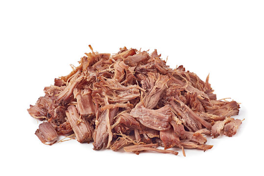 Heap of shredded beef on white