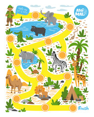 Obraz na płótnie Canvas Labyrinth for children. Help the tourist find the way to the camp. Educational game. Wild animals