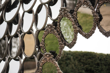 Exhibition of old mirrors in the park.