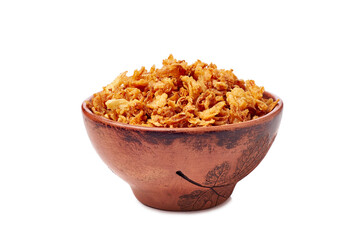 Bowl of crispy fried onion flakes on white