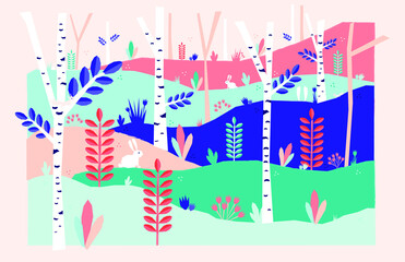 Bunny tree forest colorful vector landscape illustration