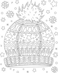 Hand drawn coloring page for kids and adults. Winter hat and snowflakes, holidays. Beautiful drawing with patterns and small details. Coloring pictures. Vector