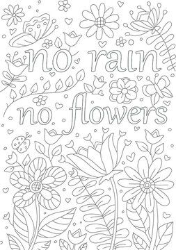 Hand drawing coloring for kids and adults. Beautiful drawings with patterns and small details. Coloring pictures with flowers and tropical leaves. Motivational vector lettering