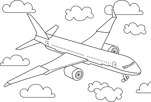Hand drawing coloring for kids and adults. Beautiful drawings. Coloring pictures with plane, aircraft, clouds. Vector