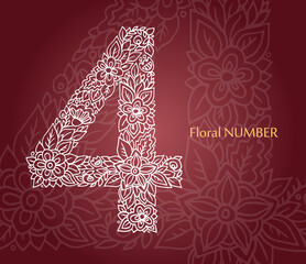 Floral number 4 made of white line leaves and flowers on burgundy background. Typographic element for design. Hand drawn Vector isolated illustration of numeral.