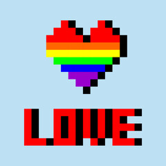 Pixel art. LGBT rainbow heart in style of 8-bit game. Vector illustration.