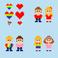Pixel art. heterosexual couple, gay couple, and bisexual couple in style of 8-bit game. Vector illustration.