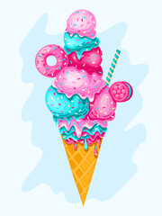blue mint and pink strawberry ice cream with biscuits, donut, syrup and sprinkles in waffle cone. Vector illustration.