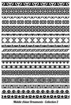 Set of 17 vector seamless borders, dividers and frames of Kazakh, uzbak, Middle Asian traditional Islamic ornament for custim design and print.