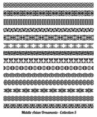 Collection of 14 vector borders, dividers and frames of Kazakh, Uzbek, Mongolian Middle asian national Islamic ornaments, black and whute, isolated, on white background.